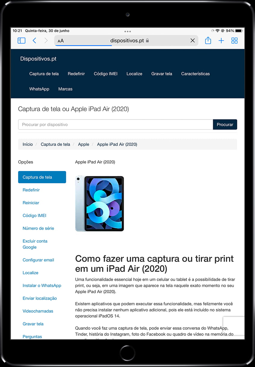 Tela para capturar no iPad 9.7