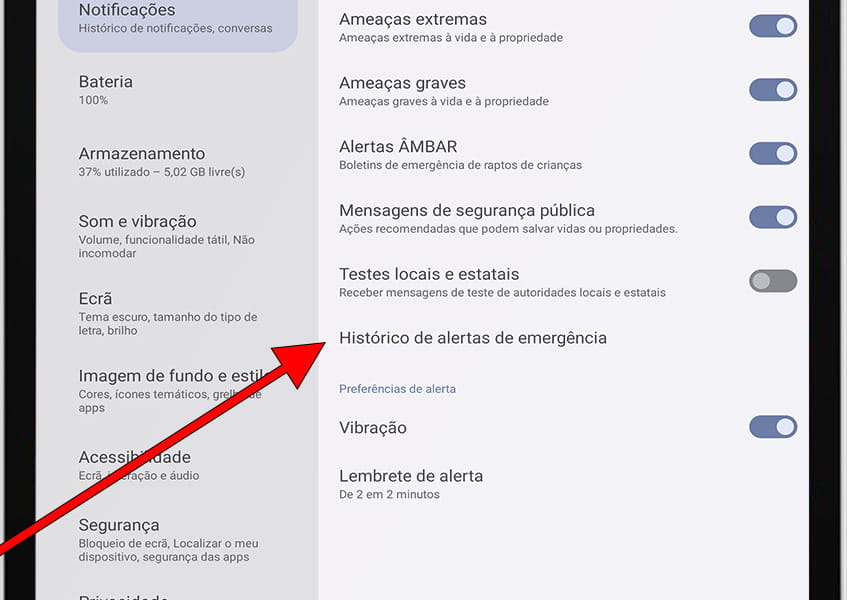 Histórico de alertas de emergência Android
