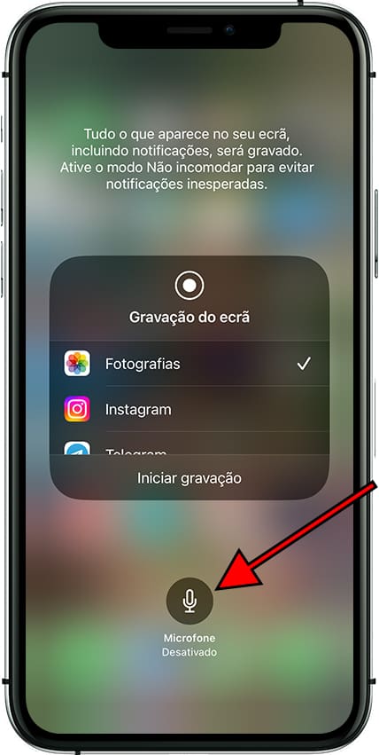 Ativar microfone de gravação de tela